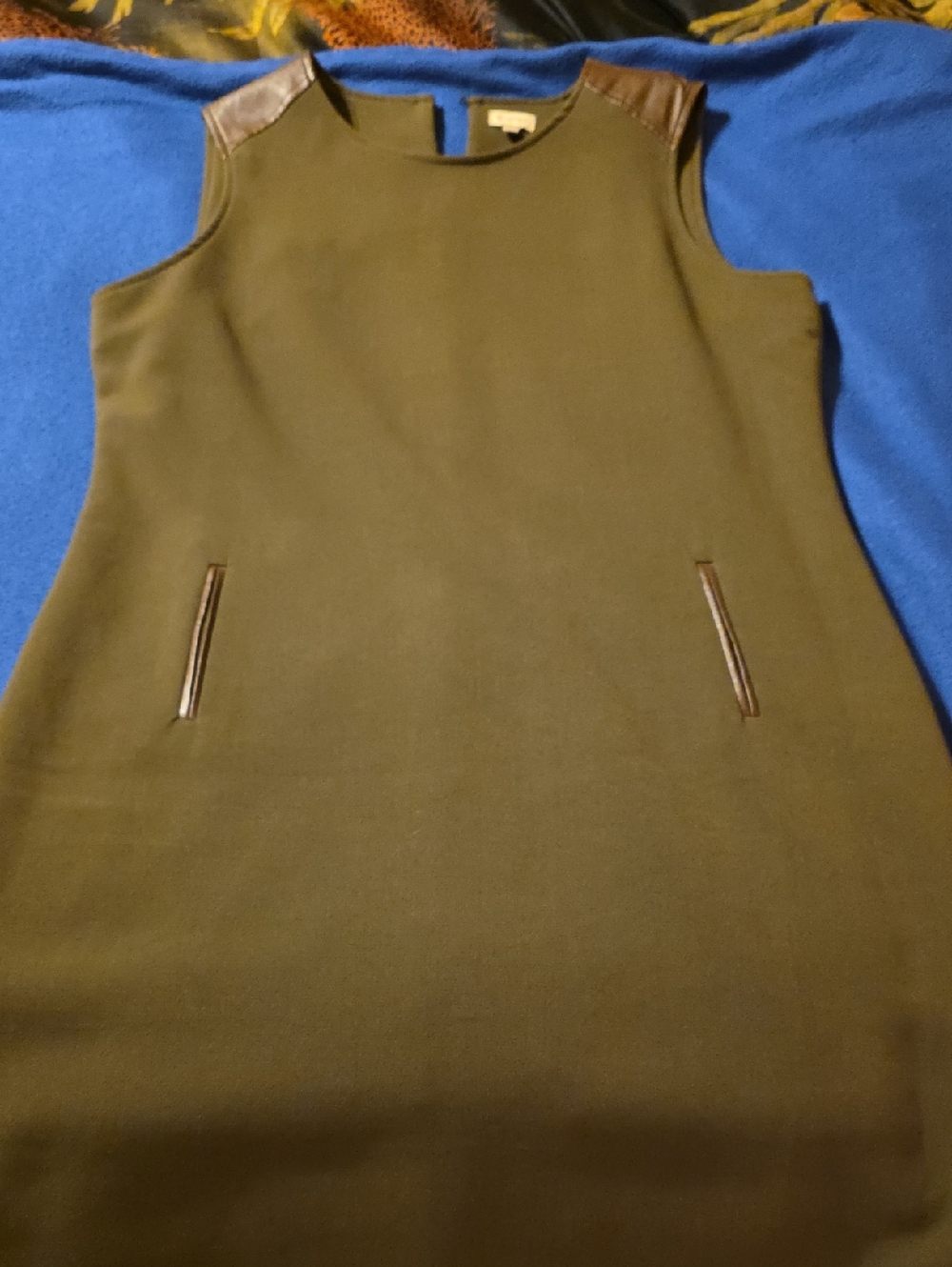 Daniel Cremieux Olive Green Sleeveless Shift Dress with Brown Trim